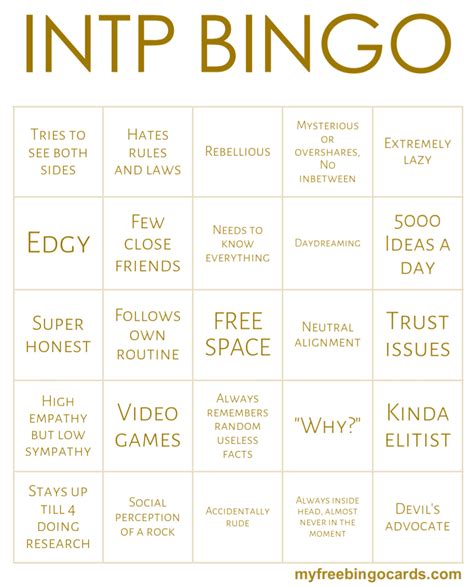 This whole personality bingo thing is really just a product of my inclination to procrastinate by doing other things I wanna do first. . Intp bingo